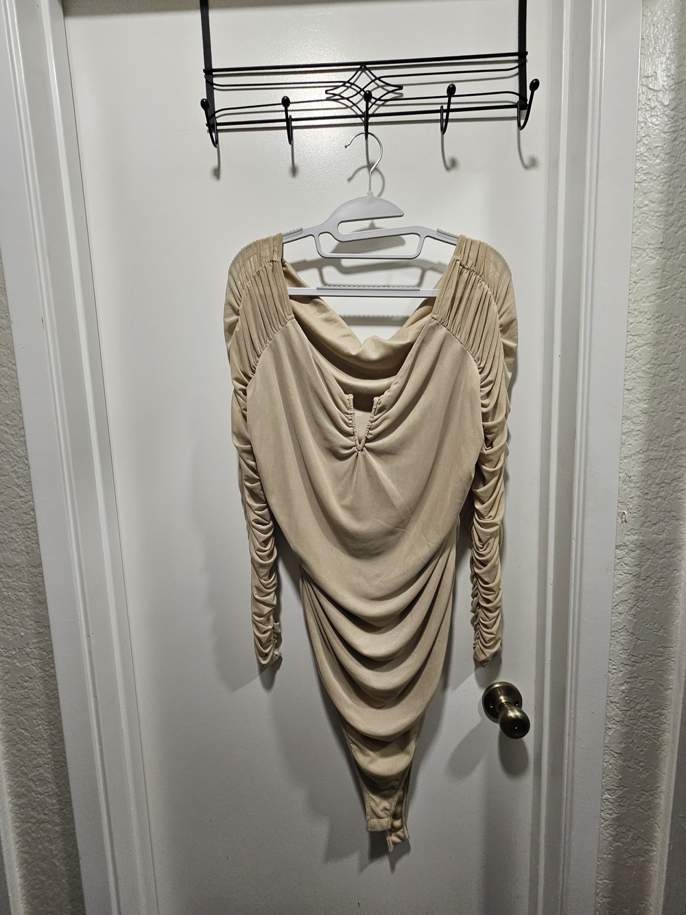 Draped Ruched Long-Sleeve Bodysuit in Cream